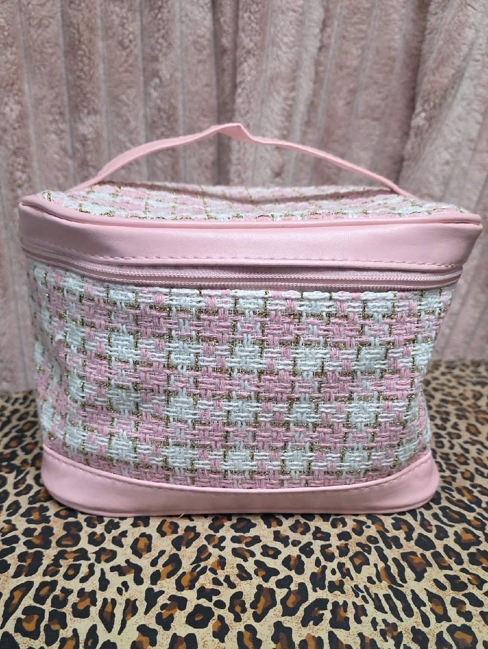 Pink Tweed Cosmetic Travel Case - Women Bags